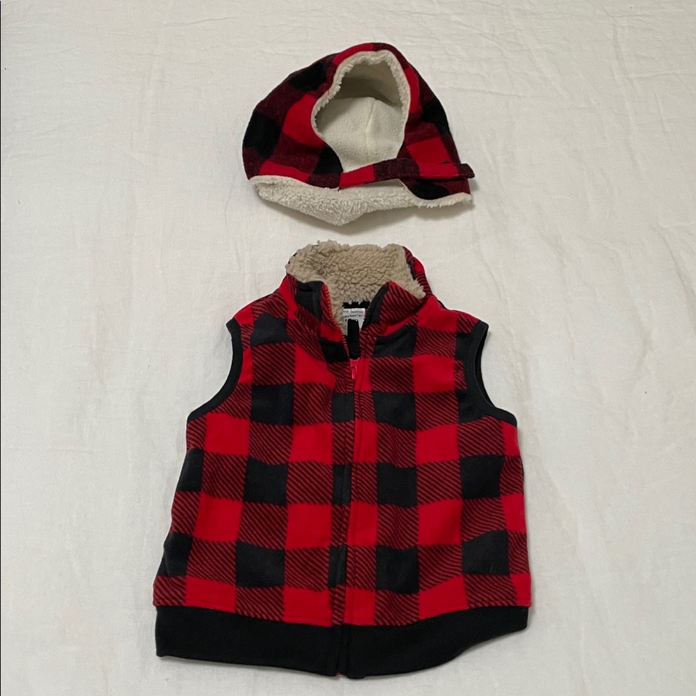 Carter's Red and Black Plaid Kids Vest & Old Navy red and black checkered beanie